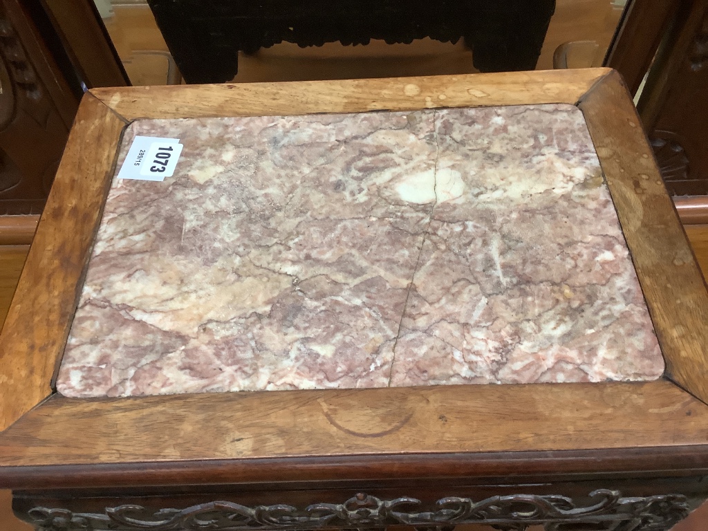 A late 19th century Chinese rectangular hardwood occasional table with cracked marble inset top, width 41cm depth 30cm